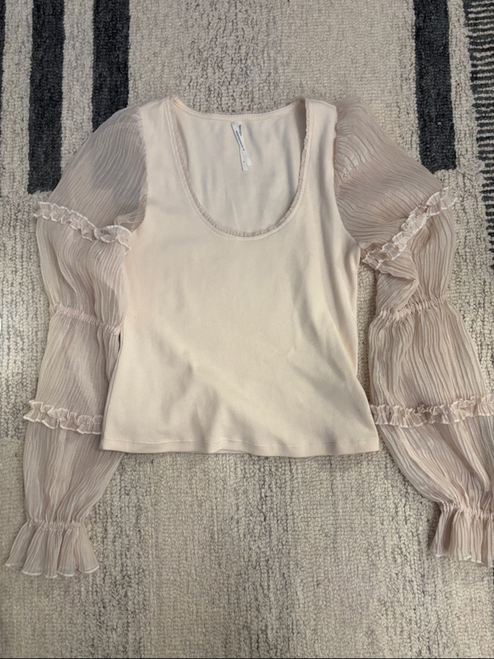 Anthropologie Cream Knit Crop Top with Sheer Ruffle Puff Sleeves NWOT - Picture 4 of 13